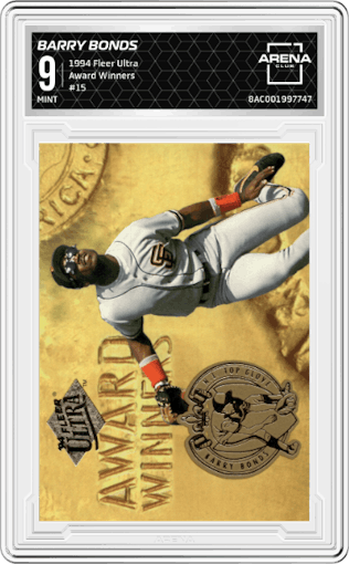 Barry Bonds from the 1994 Fleer Ultra set graded by Arena Club and given an overall grade of 9.