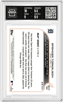 Spencer Torkelson from the 2022 Topps Chrome Update set featuring a Purple Refractor parallel graded by Arena Club and given an overall grade of 9.5.