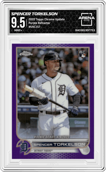 Spencer Torkelson from the 2022 Topps Chrome Update set featuring a Purple Refractor parallel graded by Arena Club and given an overall grade of 9.5.