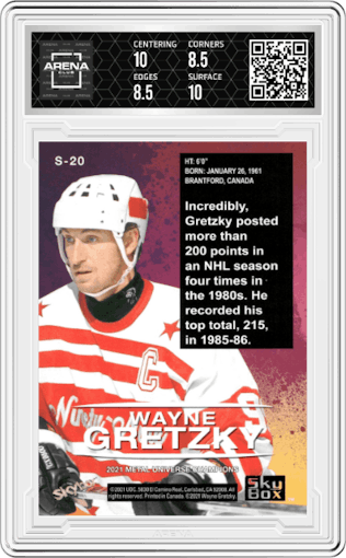 Wayne Gretzky from the 2021 Skybox Metal Universe Champions set graded by Arena Club and given an overall grade of 9.