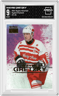 Wayne Gretzky from the 2021 Skybox Metal Universe Champions set graded by Arena Club and given an overall grade of 9.