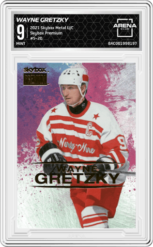 Wayne Gretzky from the 2021 Skybox Metal Universe Champions set graded by Arena Club and given an overall grade of 9.