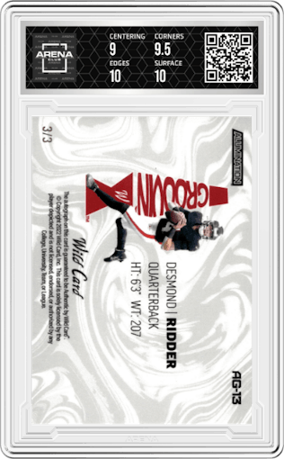 Desmond Ridder from the 2022 Wild Card Alumination set featuring a Kaleidoscope Board Green parallel graded by Arena Club and given an overall grade of 9.5.