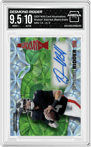 Desmond Ridder from the 2022 Wild Card Alumination set featuring a Kaleidoscope Board Green parallel graded by Arena Club and given an overall grade of 9.5.