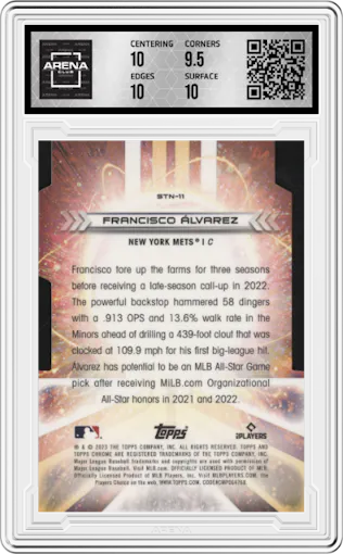 Francisco Alvarez from the 2023 Topps Cosmic Chrome set graded by Arena Club and given an overall grade of 10.