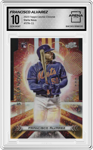 Francisco Alvarez from the 2023 Topps Cosmic Chrome set graded by Arena Club and given an overall grade of 10.