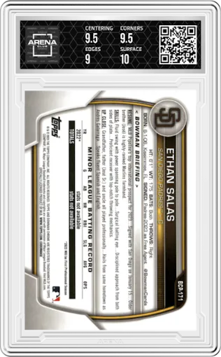 Ethan Salas from the 2023 Bowman Chrome Mega Box set graded by Arena Club and given an overall grade of 9.5.