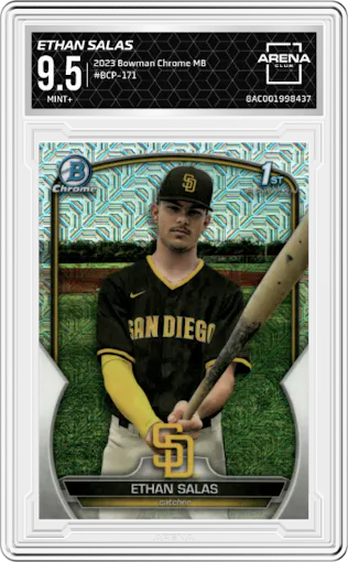 Ethan Salas from the 2023 Bowman Chrome Mega Box set graded by Arena Club and given an overall grade of 9.5.