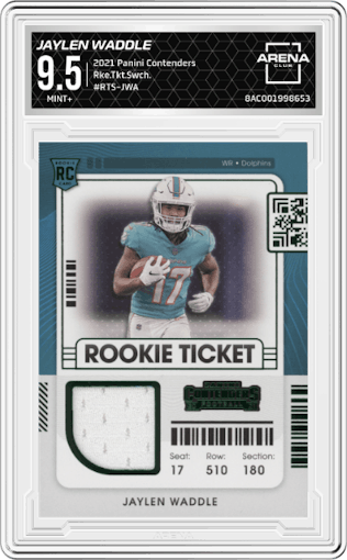 Jaylen Waddle from the 2021 Panini Contenders   set graded by Arena Club and given an overall grade of 9.5.