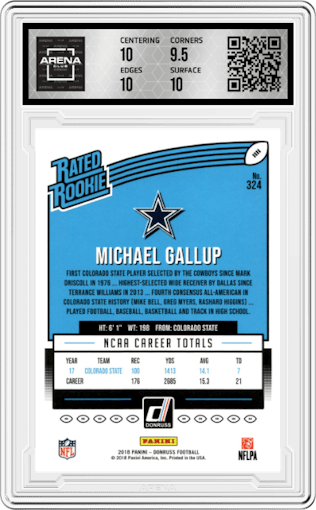 Michael Gallup from the 2018 Panini Donruss set graded by Arena Club and given an overall grade of 10.