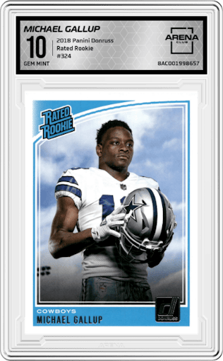 Michael Gallup from the 2018 Panini Donruss set graded by Arena Club and given an overall grade of 10.