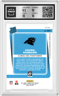 Chuba Hubbard from the 2021 Panini Donruss Optic set featuring a Bronze parallel graded by Arena Club and given an overall grade of 10.
