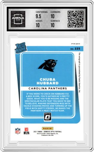 Chuba Hubbard from the 2021 Panini Donruss Optic set featuring a Bronze parallel graded by Arena Club and given an overall grade of 10.