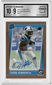 Chuba Hubbard from the 2021 Panini Donruss Optic set featuring a Bronze parallel graded by Arena Club and given an overall grade of 10.
