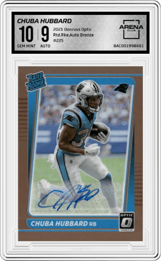 Chuba Hubbard from the 2021 Panini Donruss Optic set featuring a Bronze parallel graded by Arena Club and given an overall grade of 10.