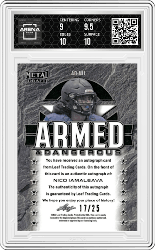 Nico Iamaleava from the 2022 Leaf Metal Draft set featuring a Prismatic Purple parallel graded by Arena Club and given an overall grade of 9.5.
