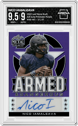 Nico Iamaleava from the 2022 Leaf Metal Draft set featuring a Prismatic Purple parallel graded by Arena Club and given an overall grade of 9.5.
