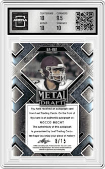 Rocco Becht from the 2022 Leaf Metal Draft set featuring a Blue Mojo parallel graded by Arena Club and given an overall grade of 10.