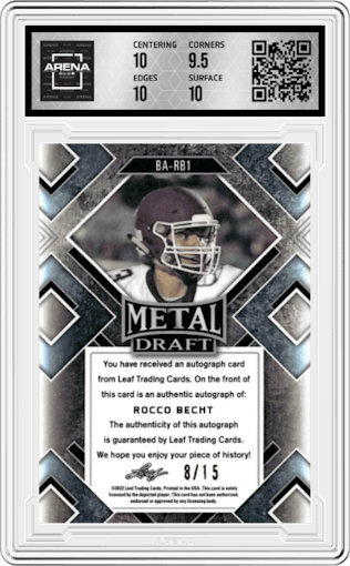 Rocco Becht from the 2022 Leaf Metal Draft set featuring a Blue Mojo parallel graded by Arena Club and given an overall grade of 10.