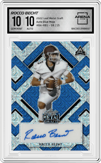 Rocco Becht from the 2022 Leaf Metal Draft set featuring a Blue Mojo parallel graded by Arena Club and given an overall grade of 10.