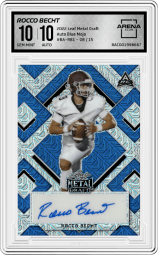 Rocco Becht from the 2022 Leaf Metal Draft set featuring a Blue Mojo parallel graded by Arena Club and given an overall grade of 10.