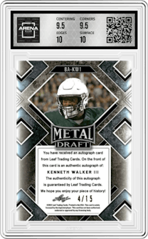 Kenneth Walker III  from the 2022 Leaf Metal Draft set featuring a Purple Crystal parallel graded by Arena Club and given an overall grade of 10.