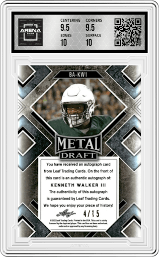 Kenneth Walker III  from the 2022 Leaf Metal Draft set featuring a Purple Crystal parallel graded by Arena Club and given an overall grade of 10.