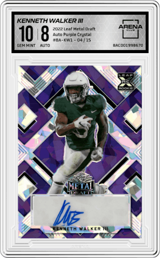 Kenneth Walker III  from the 2022 Leaf Metal Draft set featuring a Purple Crystal parallel graded by Arena Club and given an overall grade of 10.