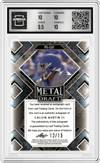 Calvin Austin III from the 2022 Leaf Metal Draft set featuring a Black Prismatic parallel graded by Arena Club and given an overall grade of 10.
