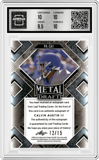 Calvin Austin III from the 2022 Leaf Metal Draft set featuring a Black Prismatic parallel graded by Arena Club and given an overall grade of 10.