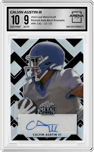 Calvin Austin III from the 2022 Leaf Metal Draft set featuring a Black Prismatic parallel graded by Arena Club and given an overall grade of 10.