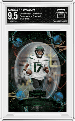 Garrett Wilson from the 2022 Panini Contenders set featuring a Emerald parallel graded by Arena Club and given an overall grade of 9.5.