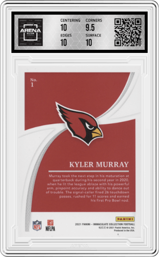 Kyler Murray from the 2021 Panini Immaculate Collection set featuring a Red parallel graded by Arena Club and given an overall grade of 10.