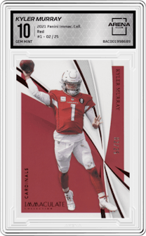 Kyler Murray from the 2021 Panini Immaculate Collection set featuring a Red parallel graded by Arena Club and given an overall grade of 10.