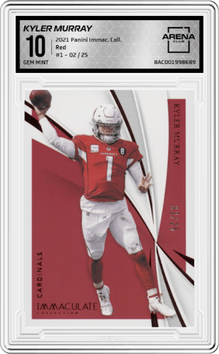 Kyler Murray from the 2021 Panini Immaculate Collection set featuring a Red parallel graded by Arena Club and given an overall grade of 10.