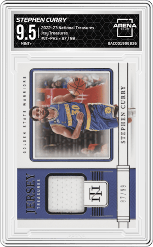 Stephen Curry from the 2022-23 Panini National Treasures set featuring a Numbered Base parallel graded by Arena Club and given an overall grade of 9.5.