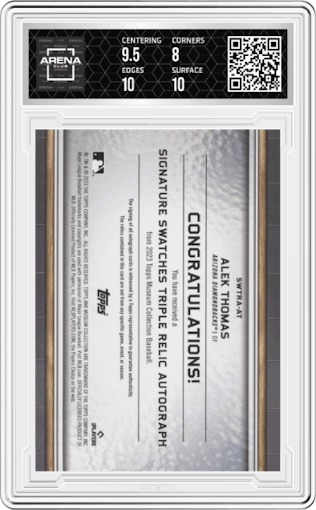 Alek Thomas from the 2023 Topps Museum Collection set graded by Arena Club and given an overall grade of 8.5.