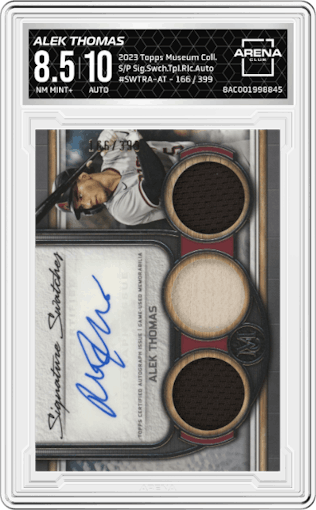 Alek Thomas from the 2023 Topps Museum Collection set graded by Arena Club and given an overall grade of 8.5.