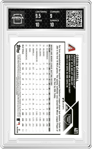 Corbin Carroll from the 2023 Topps Series 2 set featuring a Gold parallel graded by Arena Club and given an overall grade of 9.5.
