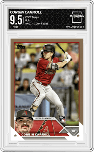 Corbin Carroll from the 2023 Topps Series 2 set featuring a Gold parallel graded by Arena Club and given an overall grade of 9.5.