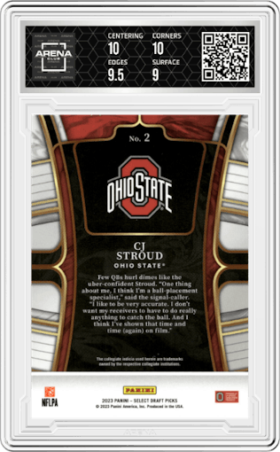 C.J. Stroud from the 2023 Panini Select Draft Picks set graded by Arena Club and given an overall grade of 9.5.