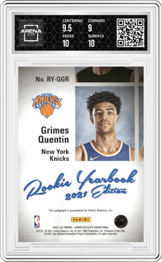 Quentin Grimes from the 2021-22 Panini Donruss Elite  set graded by Arena Club and given an overall grade of 9.5.