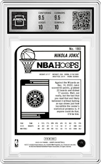 Nikola Jokic from the 2023-24 Panini NBA Hoops set featuring a Silver parallel graded by Arena Club and given an overall grade of 10.