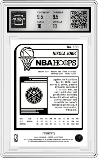Nikola Jokic from the 2023-24 Panini NBA Hoops set featuring a Silver parallel graded by Arena Club and given an overall grade of 10.