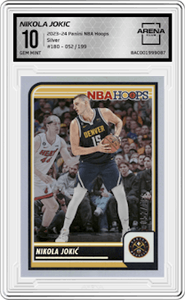 Nikola Jokic from the 2023-24 Panini NBA Hoops set featuring a Silver parallel graded by Arena Club and given an overall grade of 10.