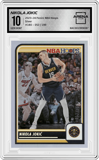 Nikola Jokic from the 2023-24 Panini NBA Hoops set featuring a Silver parallel graded by Arena Club and given an overall grade of 10.