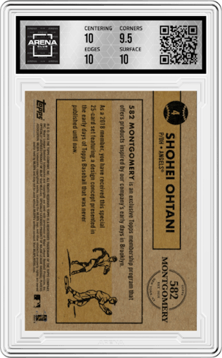 Shohei Ohtani from the 2019 Topps 582 Montgomery Club set graded by Arena Club and given an overall grade of 10.