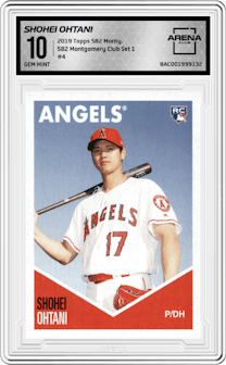 Shohei Ohtani from the 2019 Topps 582 Montgomery Club set graded by Arena Club and given an overall grade of 10.