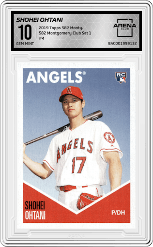 Shohei Ohtani from the 2019 Topps 582 Montgomery Club set graded by Arena Club and given an overall grade of 10.