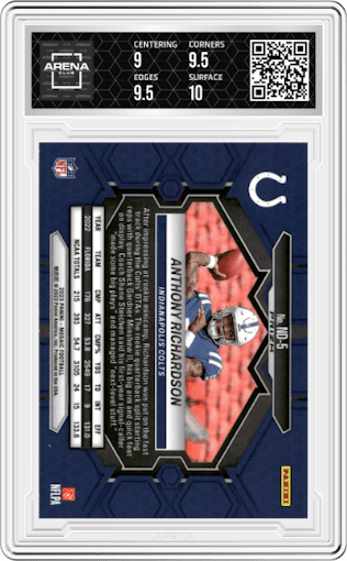 Anthony Richardson  from the 2023 Panini Mosaic set featuring a Reactive Yellow parallel graded by Arena Club and given an overall grade of 9.5.